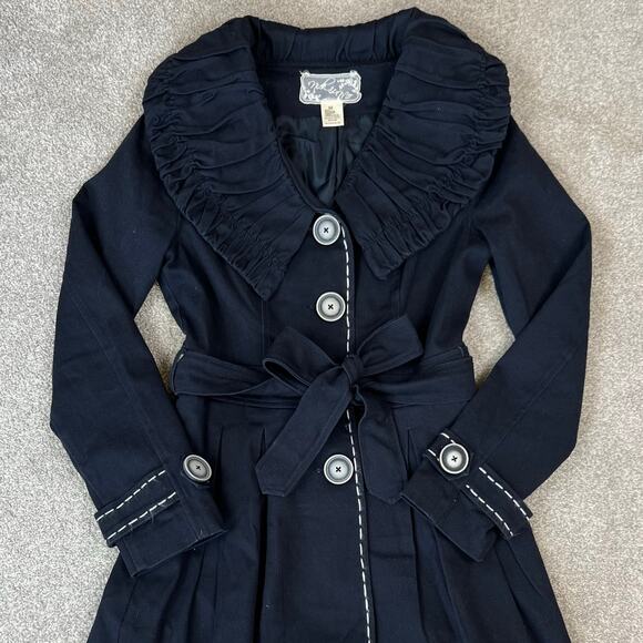 Nick and Mo Peter Pan Collared Button Front Navy Blue Tie Waist Long Jacket (M) - Picture 8 of 14